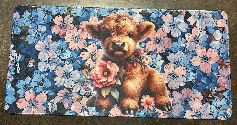 Highland Cow Floral Computer Desk Mat 24x11